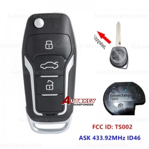 Upgraded Flip Remote Key Fob ASK 433.92MHz ID46 for Suzuki Swift SX4 from 2008-2012 FCC ID: TS002